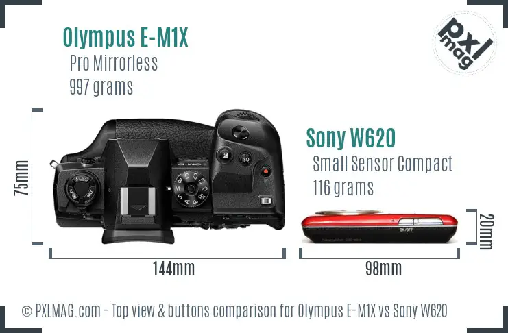 Olympus E-M1X vs Sony W620 top view buttons comparison