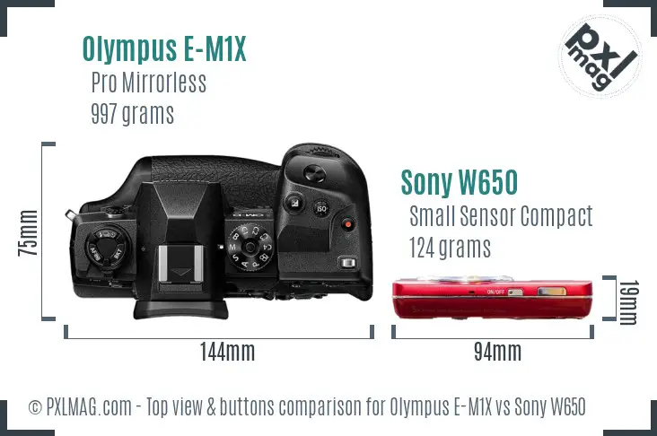 Olympus E-M1X vs Sony W650 top view buttons comparison