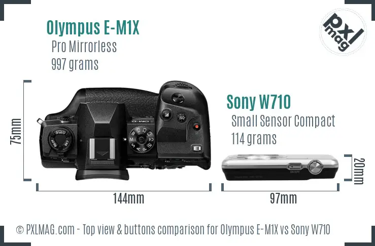 Olympus E-M1X vs Sony W710 top view buttons comparison