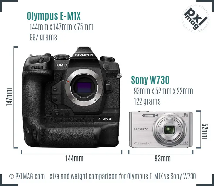 Olympus E-M1X vs Sony W730 size comparison