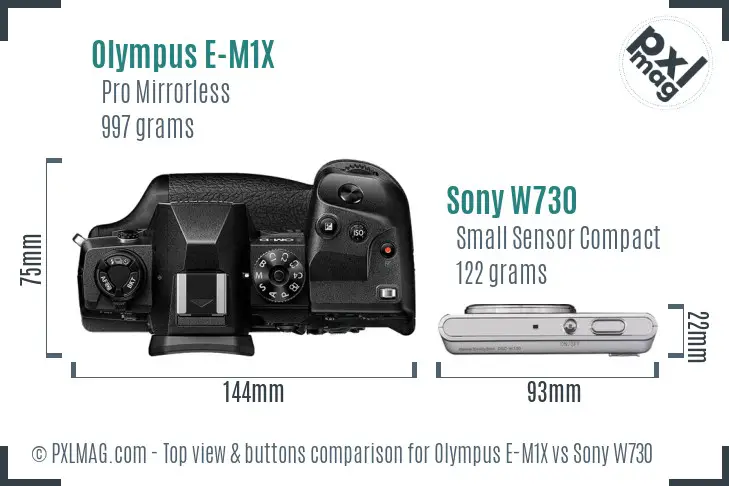 Olympus E-M1X vs Sony W730 top view buttons comparison