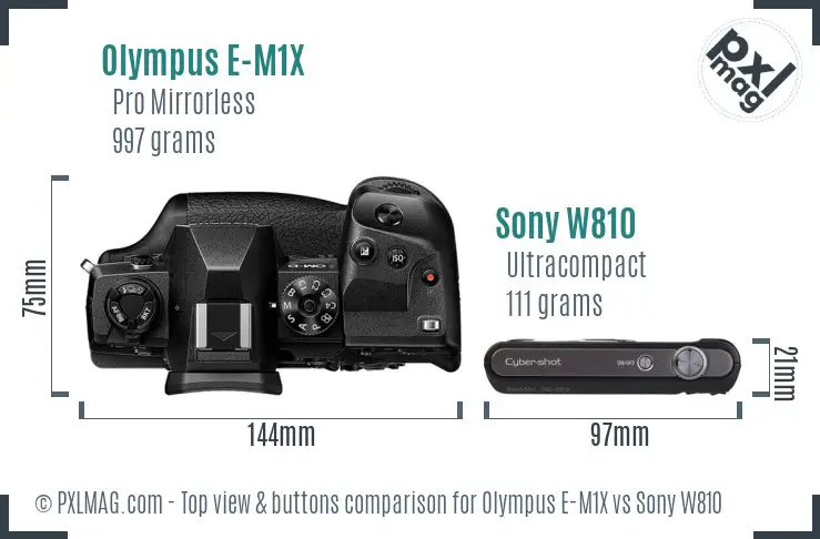 Olympus E-M1X vs Sony W810 top view buttons comparison