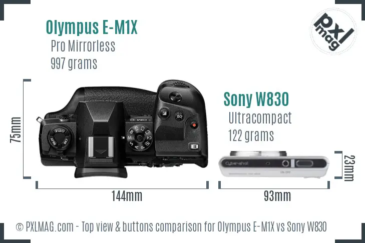 Olympus E-M1X vs Sony W830 top view buttons comparison