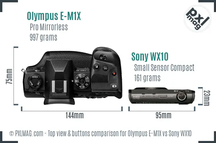 Olympus E-M1X vs Sony WX10 top view buttons comparison