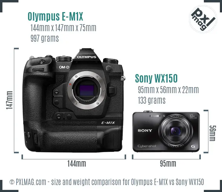 Olympus E-M1X vs Sony WX150 size comparison