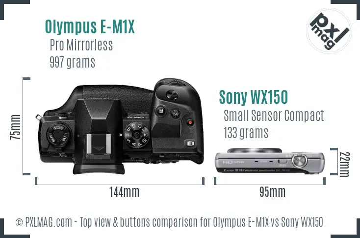 Olympus E-M1X vs Sony WX150 top view buttons comparison