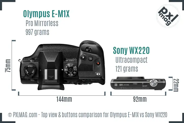 Olympus E-M1X vs Sony WX220 top view buttons comparison