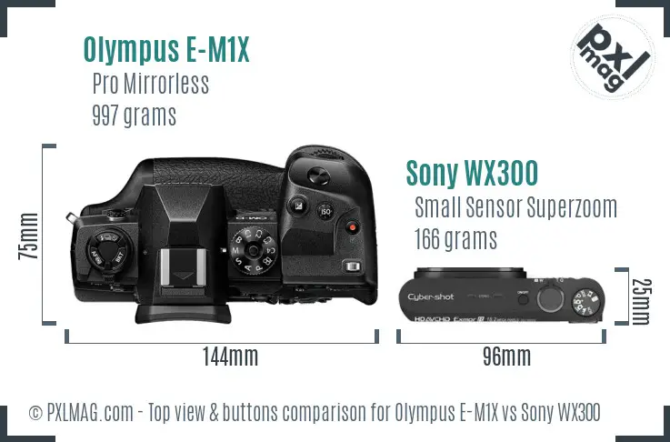Olympus E-M1X vs Sony WX300 top view buttons comparison
