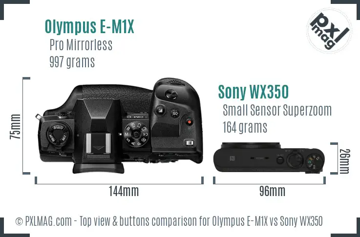 Olympus E-M1X vs Sony WX350 top view buttons comparison