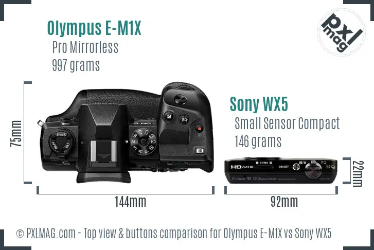 Olympus E-M1X vs Sony WX5 top view buttons comparison