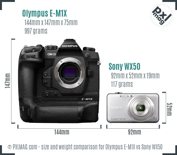 Olympus E-M1X vs Sony WX50 size comparison Olympus E-M1X vs Sony WX50 size comparison