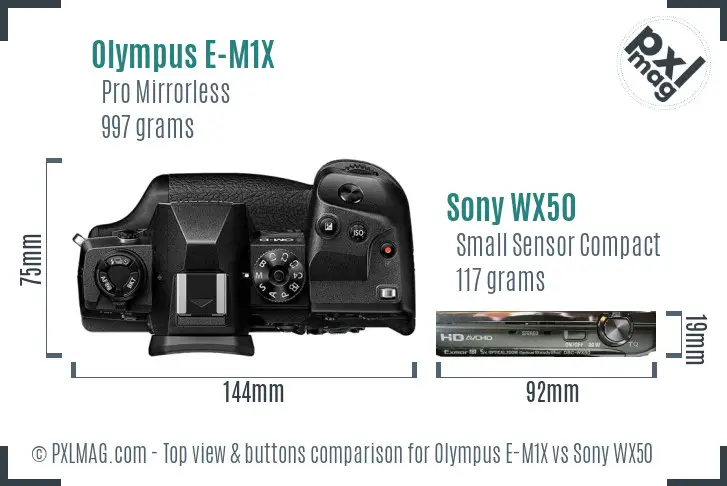 Olympus E-M1X vs Sony WX50 top view buttons comparison