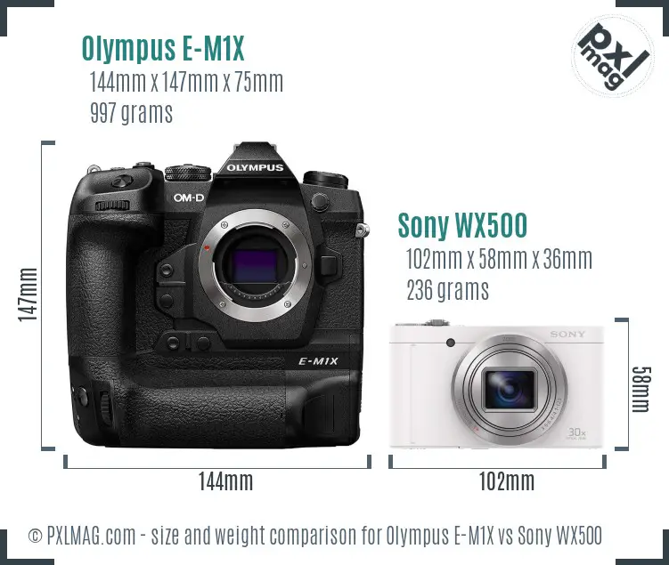 Olympus E-M1X vs Sony WX500 size comparison