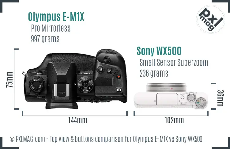 Olympus E-M1X vs Sony WX500 top view buttons comparison