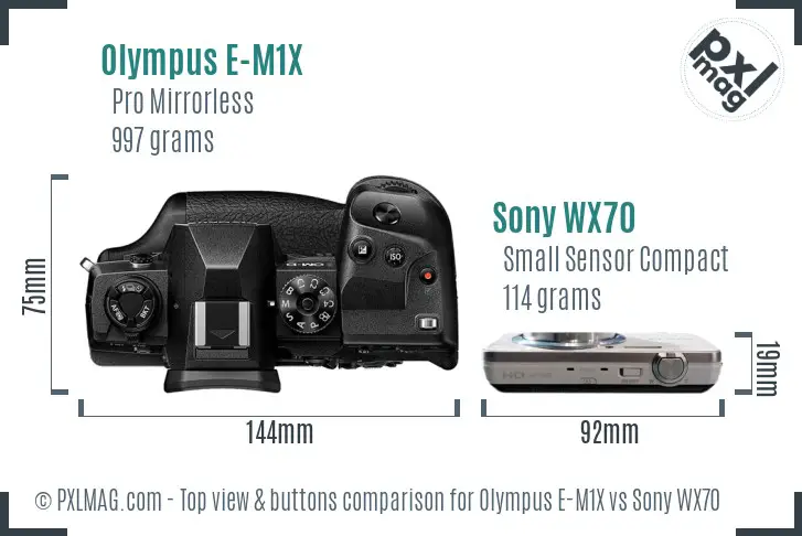 Olympus E-M1X vs Sony WX70 top view buttons comparison