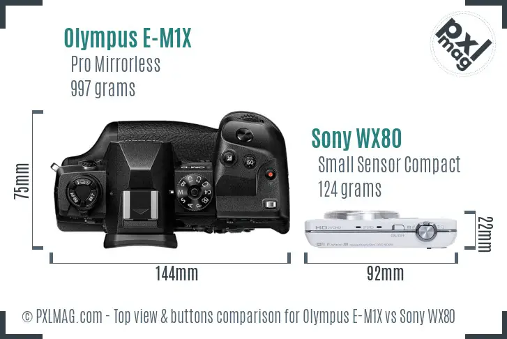 Olympus E-M1X vs Sony WX80 top view buttons comparison