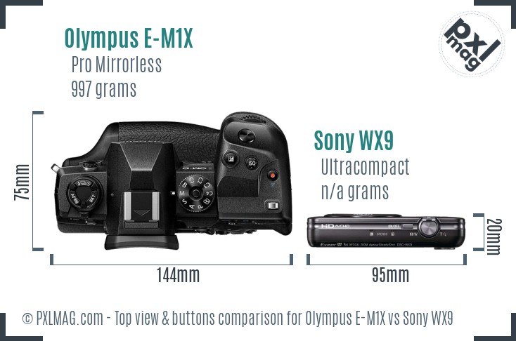 Olympus E-M1X vs Sony WX9 top view buttons comparison