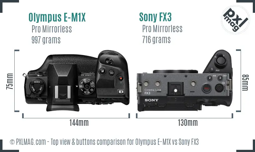 Olympus E-M1X vs Sony FX3 top view buttons comparison