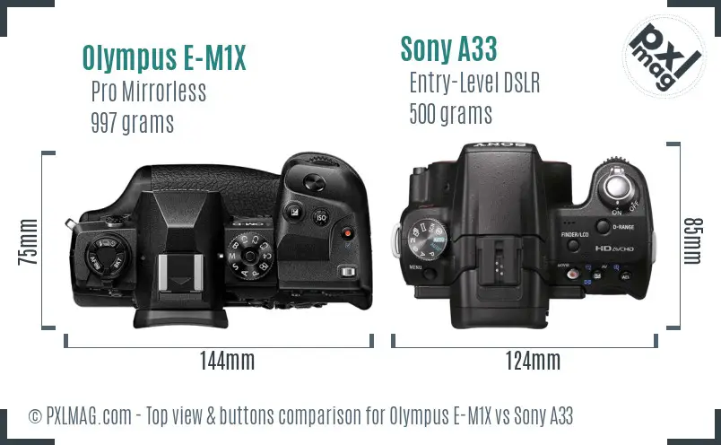 Olympus E-M1X vs Sony A33 top view buttons comparison