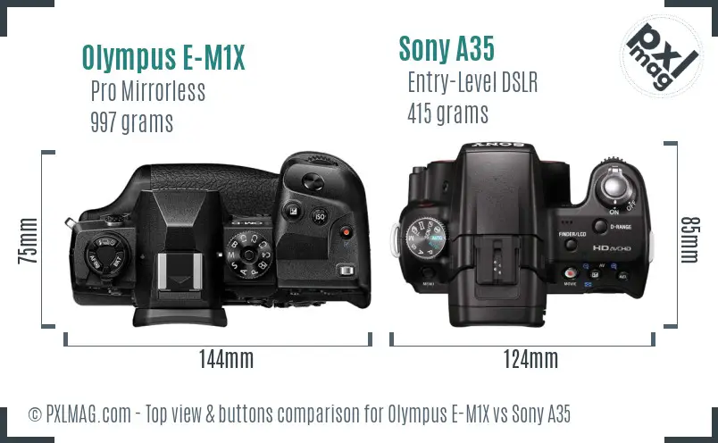 Olympus E-M1X vs Sony A35 top view buttons comparison