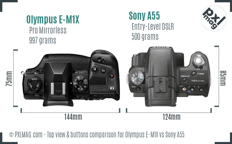 Olympus E-M1X vs Sony A55 top view buttons comparison Olympus E-M1X vs Sony A55 top view buttons comparison