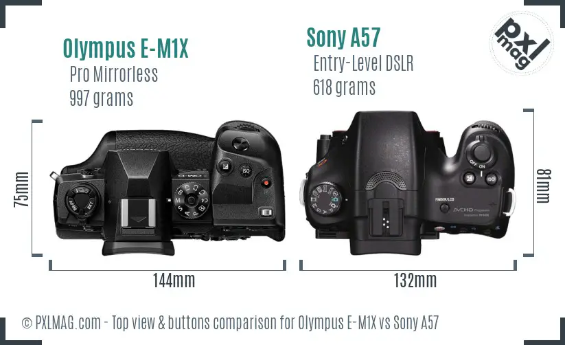 Olympus E-M1X vs Sony A57 top view buttons comparison Olympus E-M1X vs Sony A57 top view buttons comparison