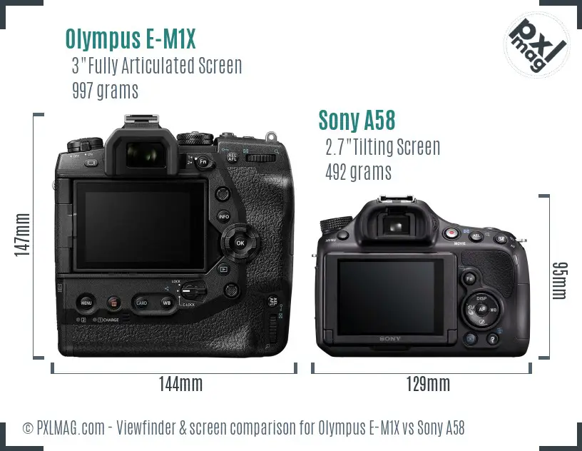 Olympus E-M1X vs Sony A58 Screen and Viewfinder comparison