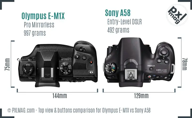 Olympus E-M1X vs Sony A58 top view buttons comparison