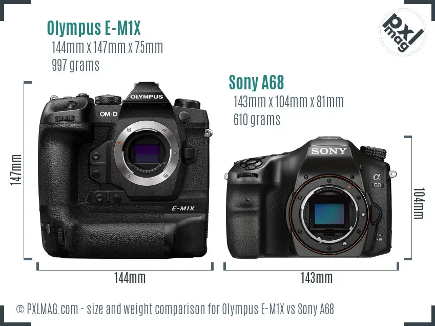 Olympus E-M1X vs Sony A68 size comparison