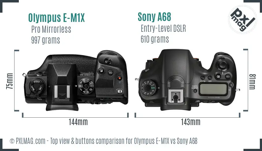 Olympus E-M1X vs Sony A68 top view buttons comparison