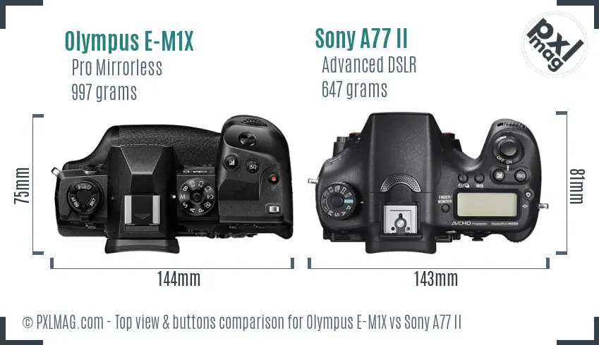 Olympus E-M1X vs Sony A77 II top view buttons comparison