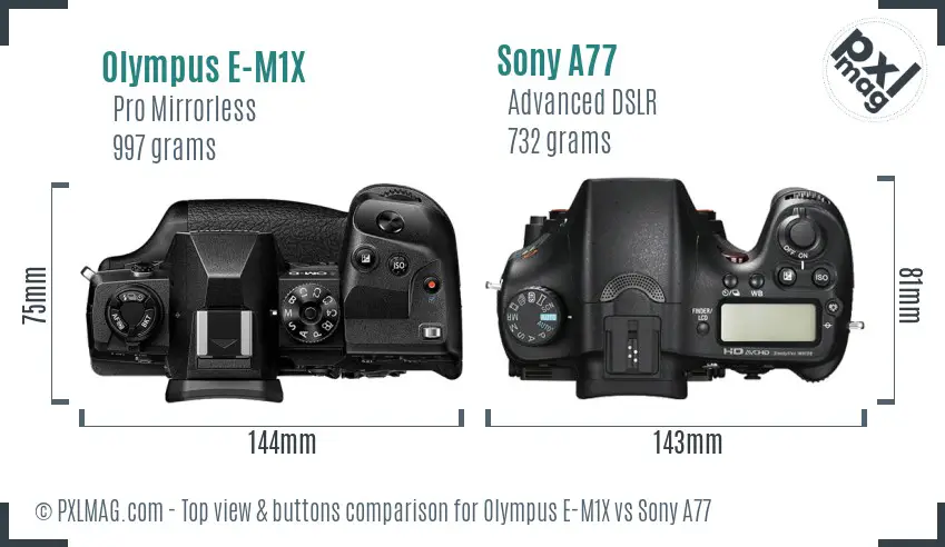 Olympus E-M1X vs Sony A77 top view buttons comparison