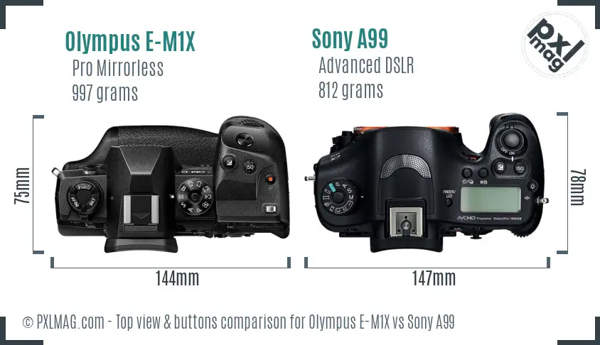 Olympus E-M1X vs Sony A99 top view buttons comparison