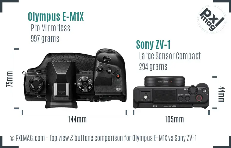 Olympus E-M1X vs Sony ZV-1 top view buttons comparison Olympus E-M1X vs Sony ZV-1 top view buttons comparison