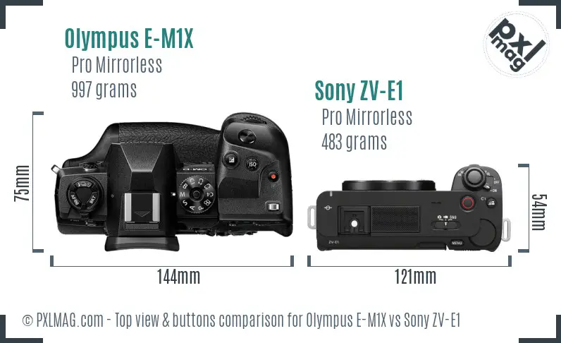 Olympus E-M1X vs Sony ZV-E1 top view buttons comparison