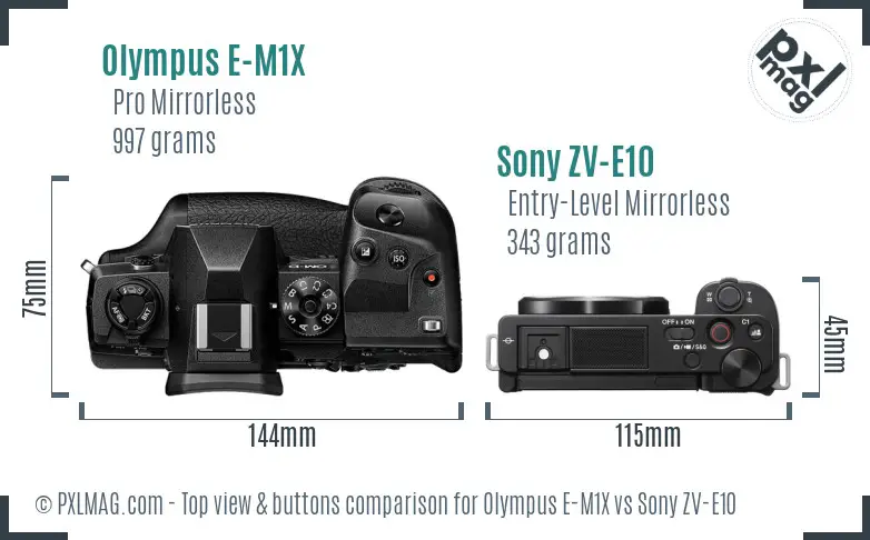 Olympus E-M1X vs Sony ZV-E10 top view buttons comparison Olympus E-M1X vs Sony ZV-E10 top view buttons comparison