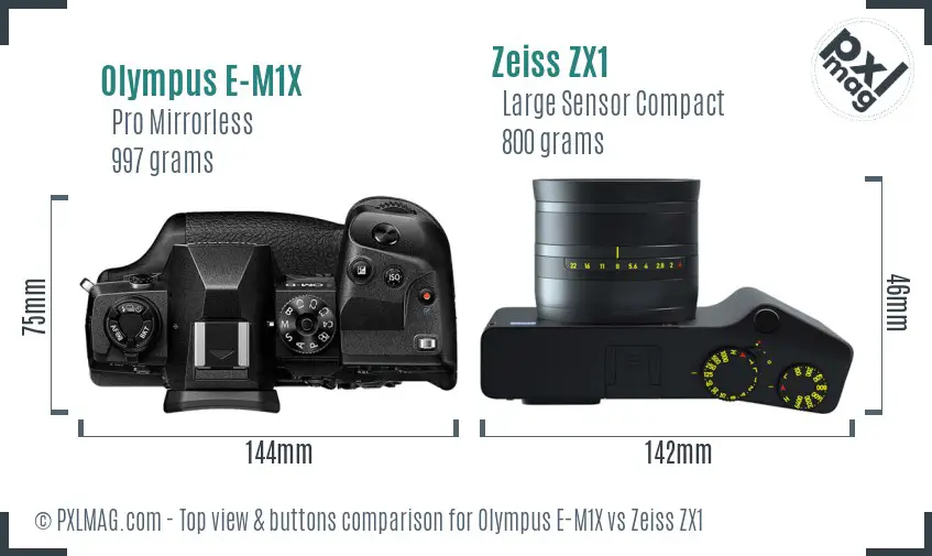 Olympus E-M1X vs Zeiss ZX1 top view buttons comparison
