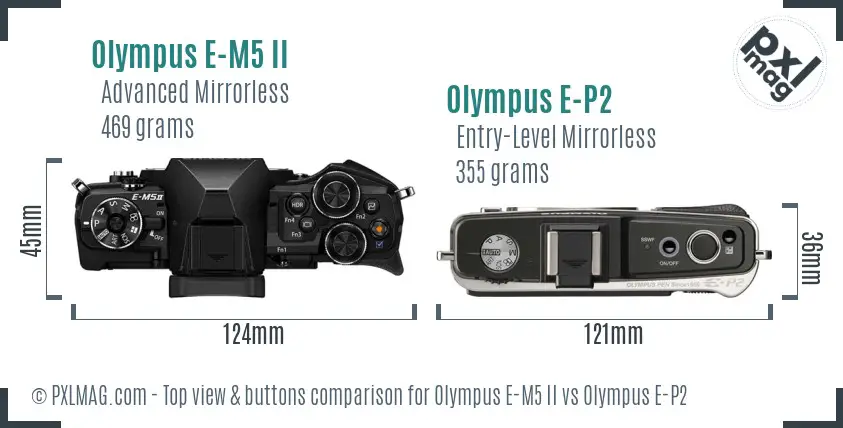 Olympus E-M5 II vs Olympus E-P2 top view buttons comparison