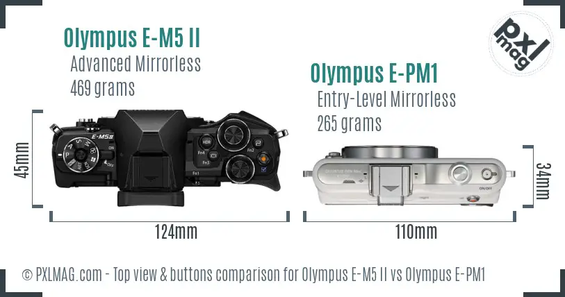 Olympus E-M5 II vs Olympus E-PM1 top view buttons comparison