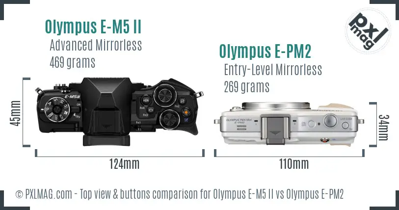 Olympus E-M5 II vs Olympus E-PM2 top view buttons comparison
