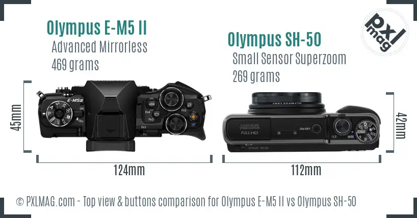 Olympus E-M5 II vs Olympus SH-50 top view buttons comparison