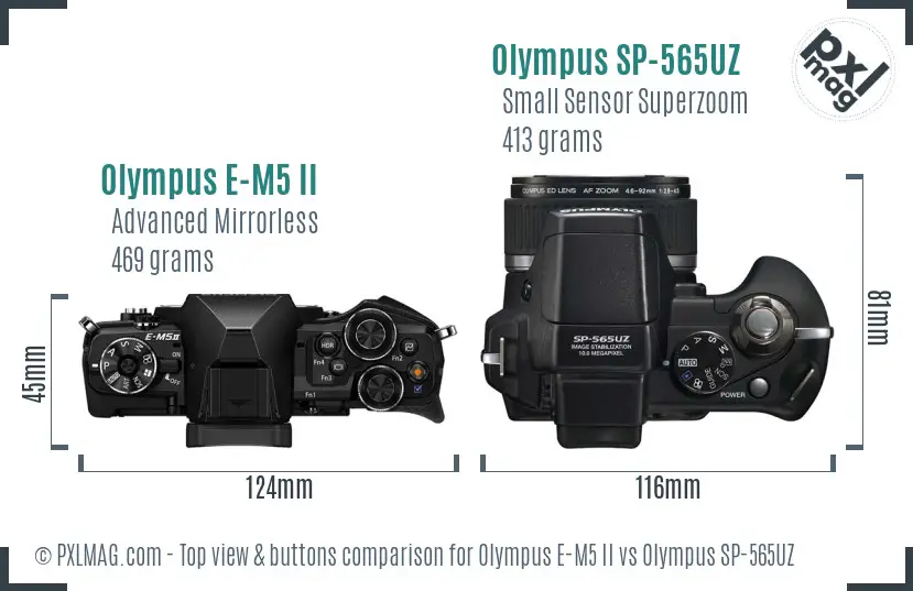 Olympus E-M5 II vs Olympus SP-565UZ top view buttons comparison