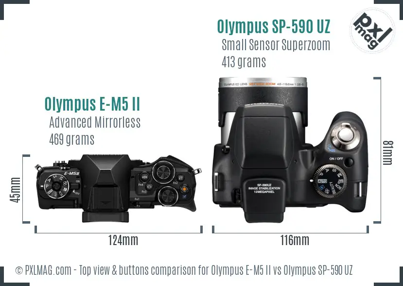 Olympus E-M5 II vs Olympus SP-590 UZ top view buttons comparison