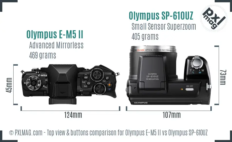 Olympus E-M5 II vs Olympus SP-610UZ top view buttons comparison