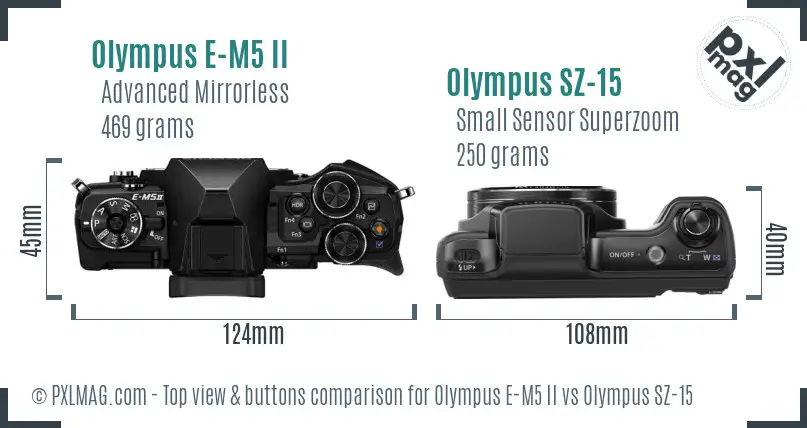 Olympus E-M5 II vs Olympus SZ-15 top view buttons comparison