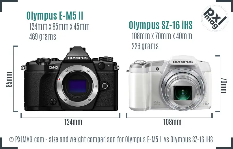 Olympus E-M5 II vs Olympus SZ-16 iHS size comparison