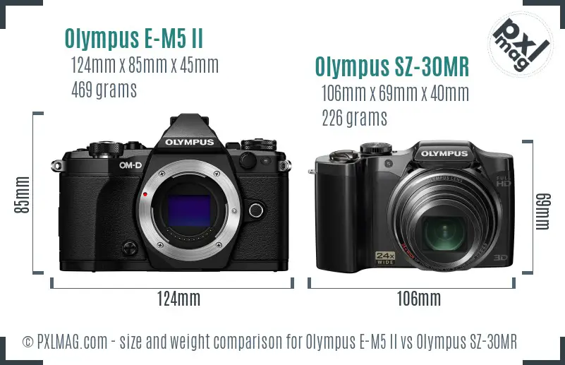 Olympus E-M5 II vs Olympus SZ-30MR size comparison