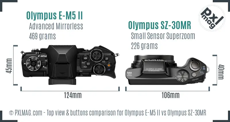 Olympus E-M5 II vs Olympus SZ-30MR top view buttons comparison