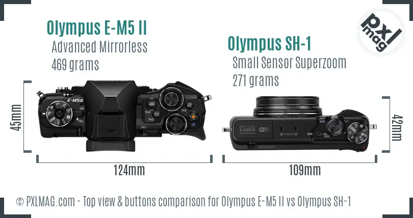 Olympus E-M5 II vs Olympus SH-1 top view buttons comparison