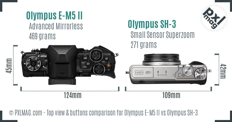 Olympus E-M5 II vs Olympus SH-3 top view buttons comparison
